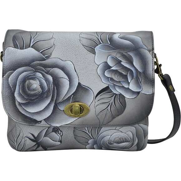 Women's Hand-Painted Leather Crossbody Bag Romantic Rose Black